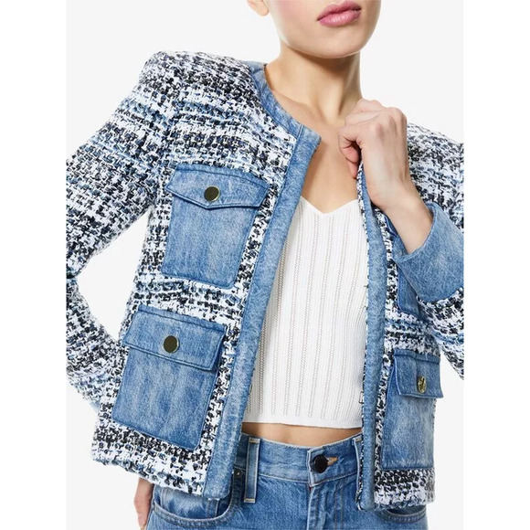 Alice + Olivia Avis Blue Tweed Denim Jean Combo Patch jacket Size Medium - Picture 2 of 16